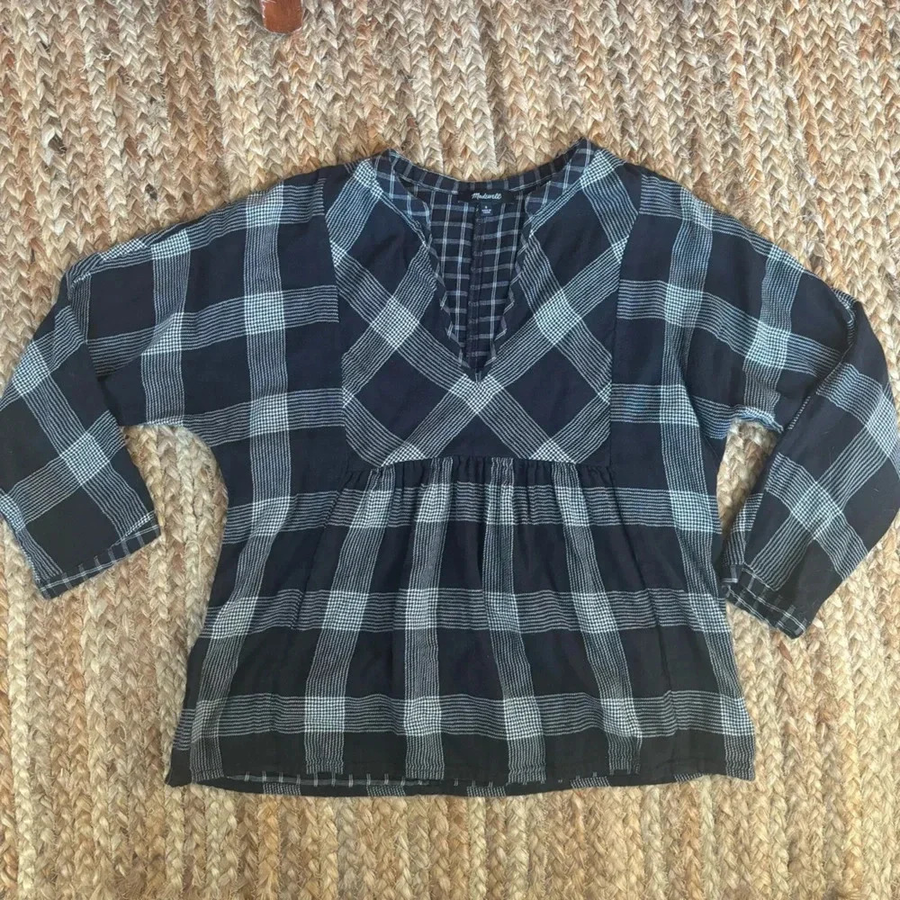 Madewell Small Black Buffalo Plaid Peplum Babydoll Top